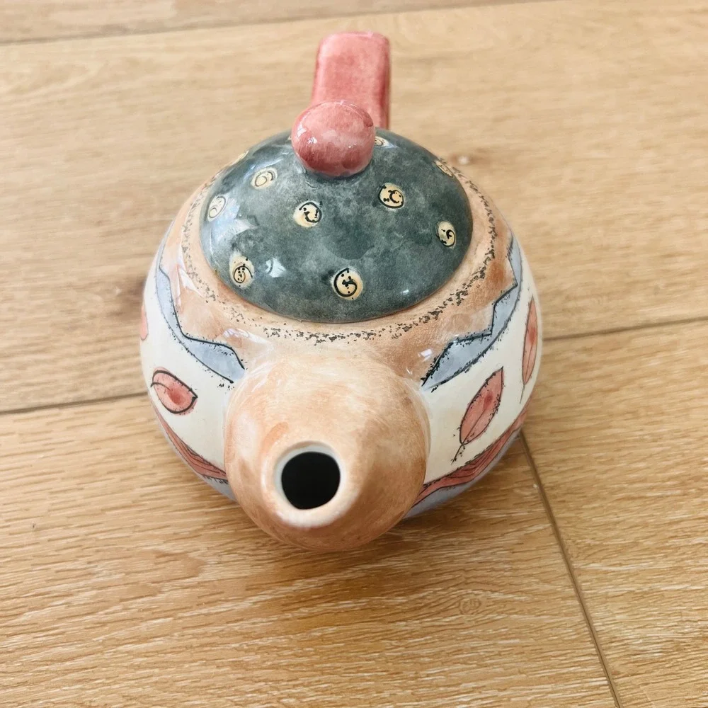Sango Coffee Shoppe Sue Zipkin Ceramic Teapot Leaf Pattern Hand Painted Boho